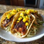 Three delicious Blackened Fish Tacos topped with shredded cabbage and bright yellow mango salsa on a white plate.