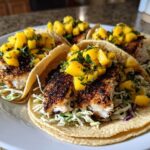 Four delicious Blackened Fish Tacos topped with bright mango salsa and served on a white plate.