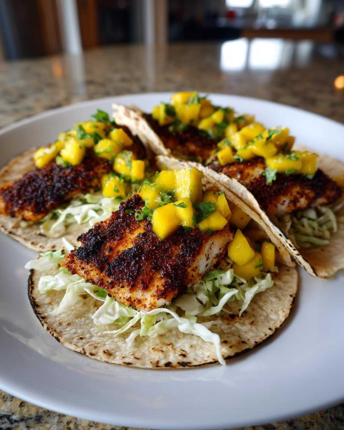 Three assembled Blackened Fish Tacos topped with shredded cabbage and vibrant mango salsa on a white plate.