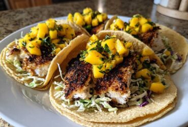 Four delicious Blackened Fish Tacos topped with bright mango salsa and served on a white plate.