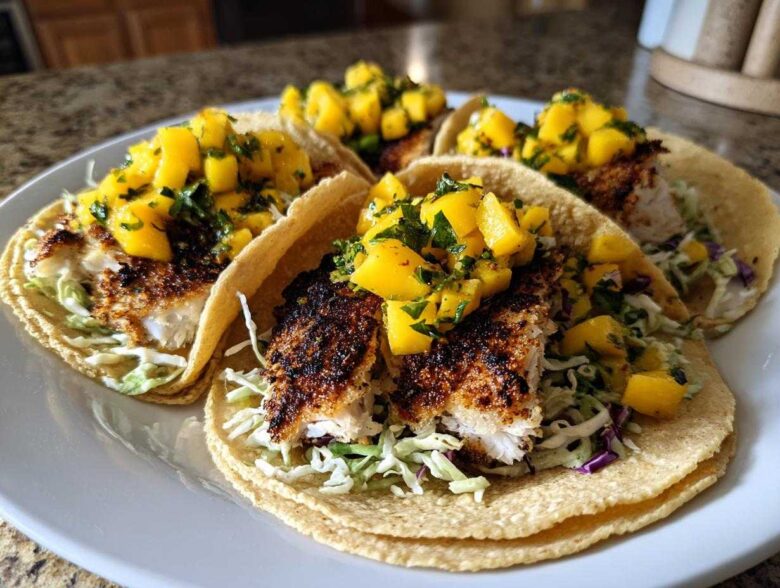 Four delicious Blackened Fish Tacos topped with bright mango salsa and served on a white plate.