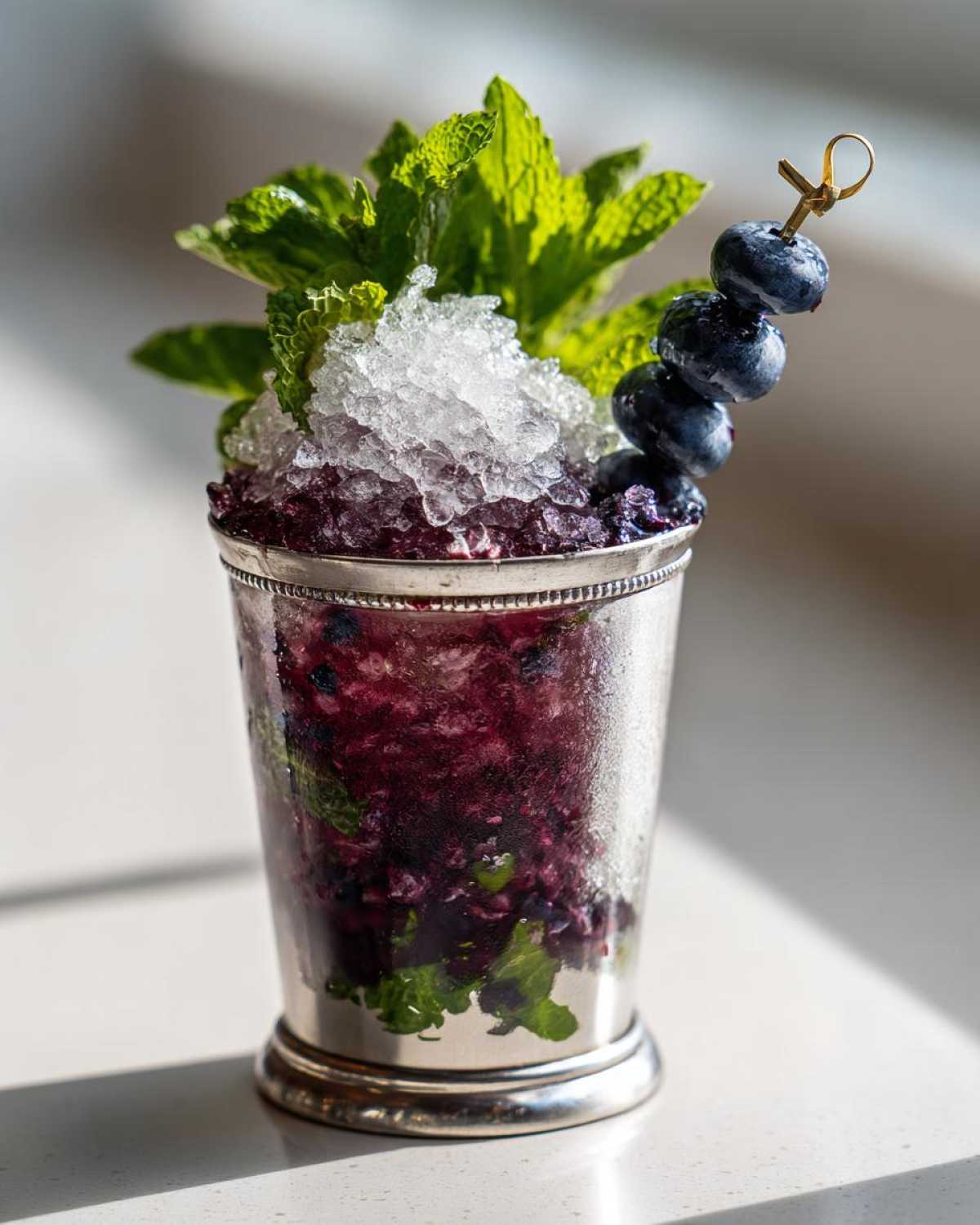 A close-up of a Blueberry Mint Julep Cocktail served in a frosted silver julep cup, topped with crushed ice and mint.