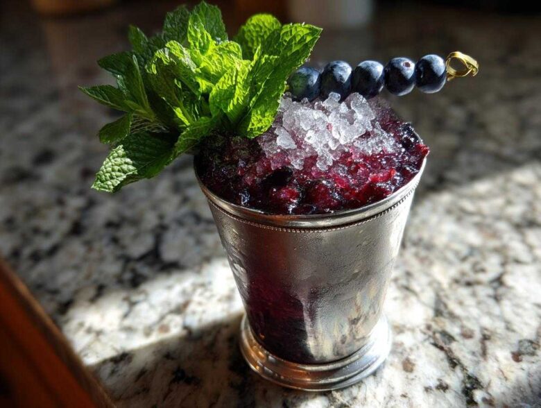 A refreshing Blueberry Mint Julep Cocktail served in a frosted silver julep cup, topped with crushed ice, fresh mint, and a skewer of blueberries.
