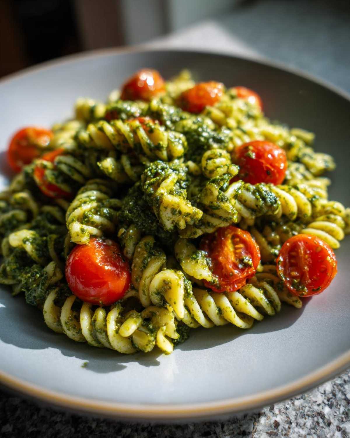 A close-up view of spiral pasta coated in green pesto, mixed with halved cherry tomatoes, served on a grey plate, showcasing the Broccoli Pesto Pasta Salad.