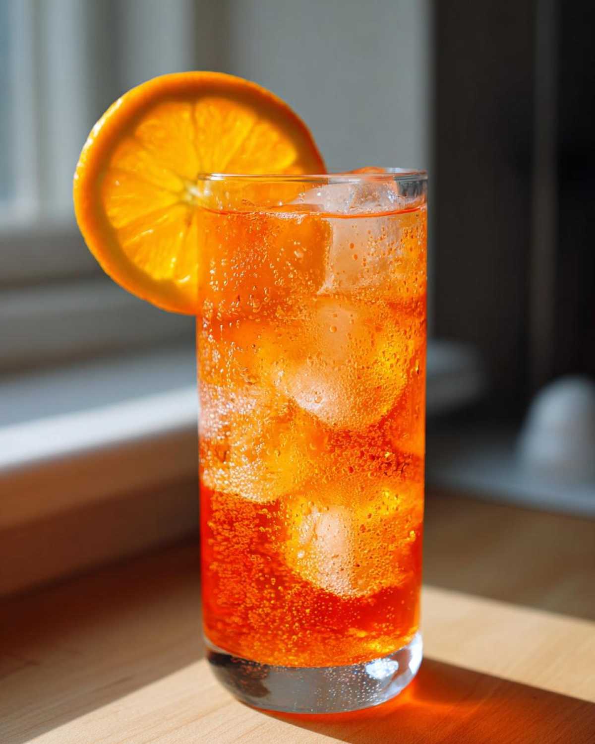 A tall, sweating glass filled with a bright orange Bubbly Aperol Spritz Cocktail, ice cubes, and garnished with an orange slice.