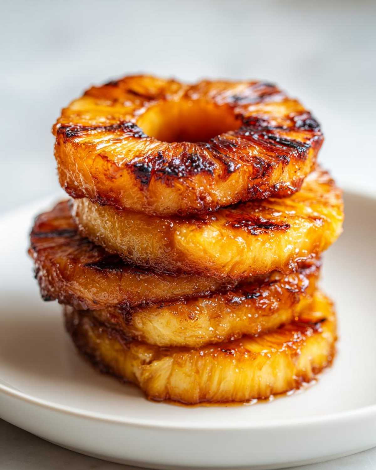 Close-up of four stacked Caramelized Grilled Pineapple Rings with dark grill marks.