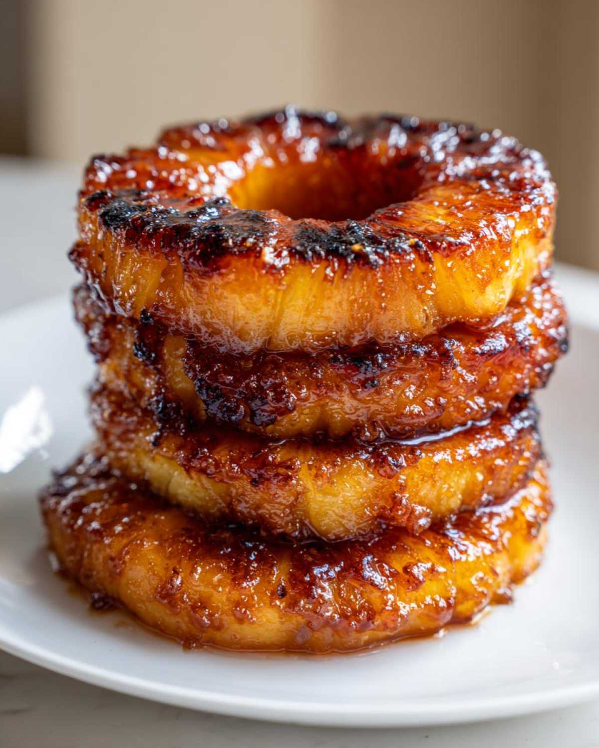 A stack of four glistening Caramelized Grilled Pineapple Rings with dark, sugary char marks on a white plate.