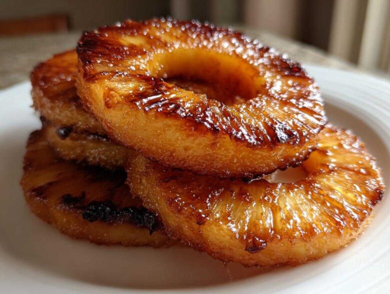 Close-up of a stack of glistening Caramelized Grilled Pineapple Rings on a white plate.