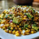 A mound of Charred Grilled Corn Salad featuring charred corn kernels, avocado chunks, red onion, and crumbled Cotija cheese.