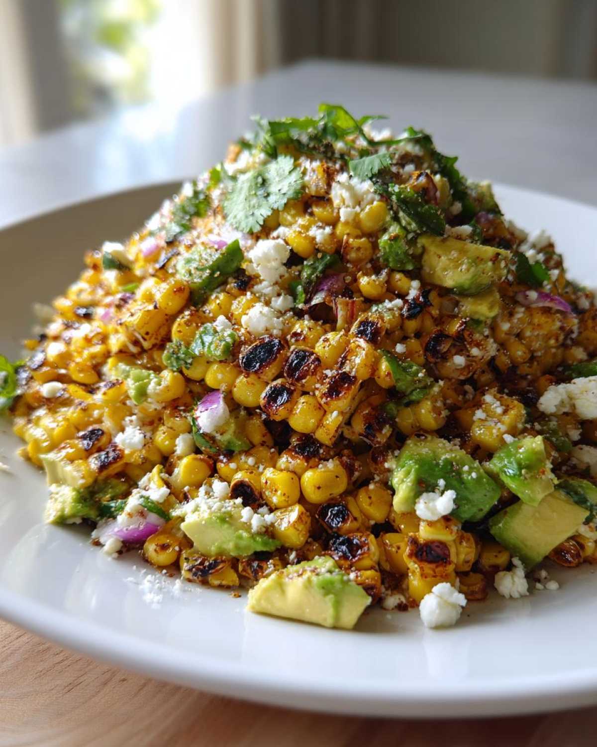 A mound of Charred Grilled Corn Salad mixed with avocado chunks, crumbled Cotija cheese, and cilantro.