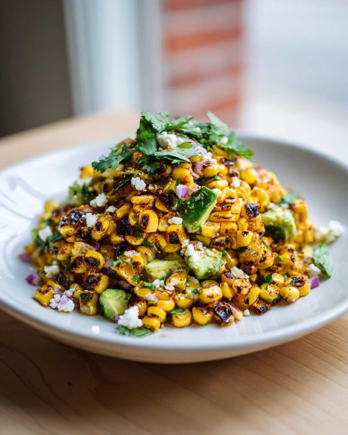A mound of Charred Grilled Corn Salad with avocado chunks, cotija cheese crumbles, and fresh cilantro on a white plate.