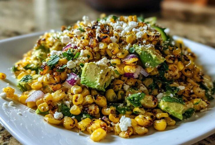 A mound of Charred Grilled Corn Salad featuring charred corn kernels, avocado chunks, red onion, and crumbled Cotija cheese.
