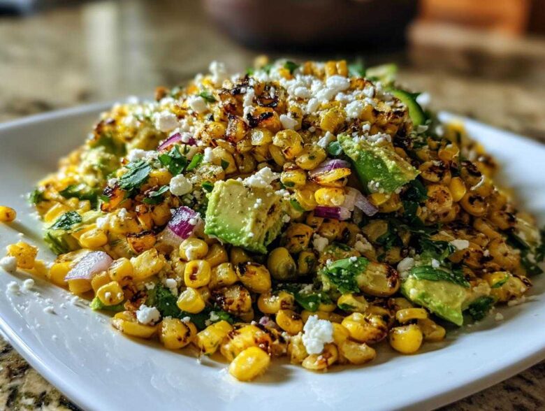A mound of Charred Grilled Corn Salad featuring charred corn kernels, avocado chunks, red onion, and crumbled Cotija cheese.