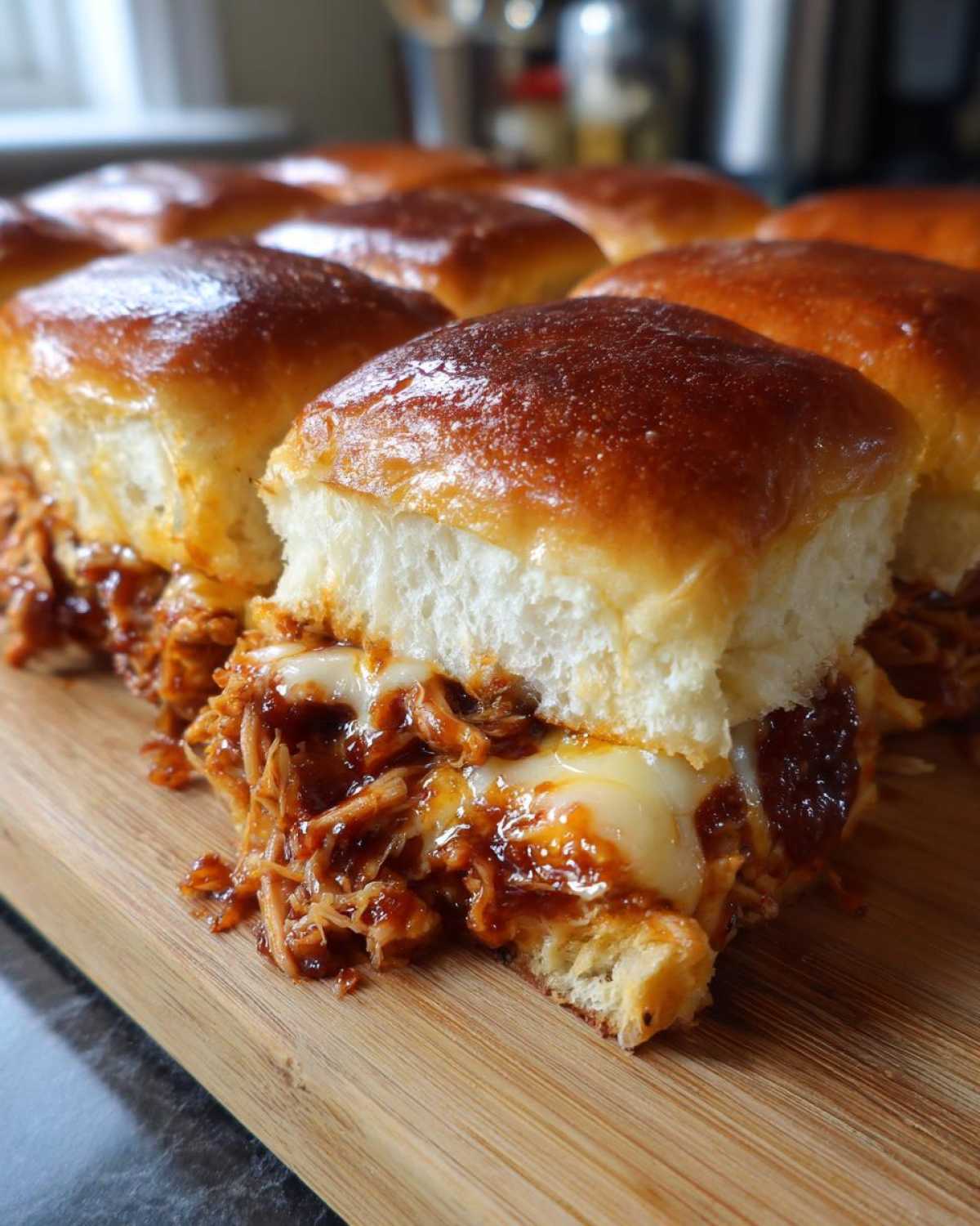 Close-up of cheesy Mini BBQ Chicken Sliders on a wooden board, featuring glossy buns and pulled chicken.
