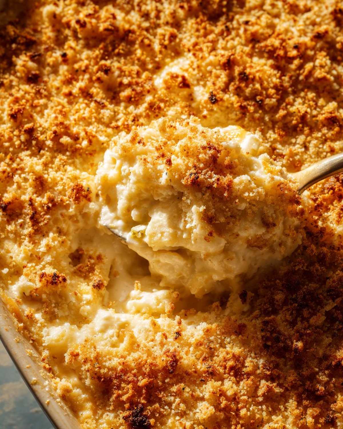 Close-up of a spoonful being lifted from a golden brown Cheesy Summer Squash Casserole, showing creamy interior and crunchy topping.
