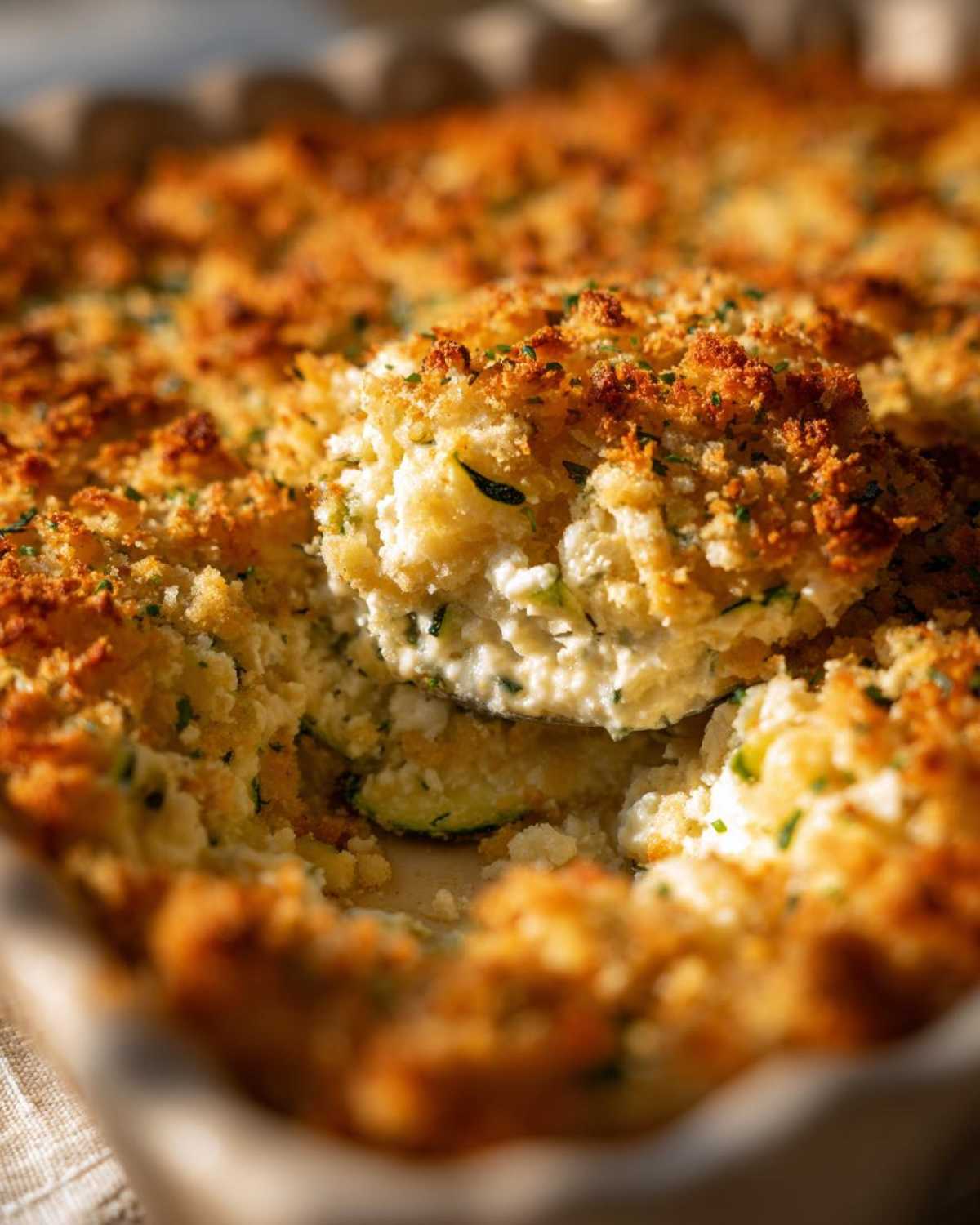 A spoonful being lifted from a golden brown Cheesy Summer Squash Casserole, showing the creamy interior and zucchini slices.