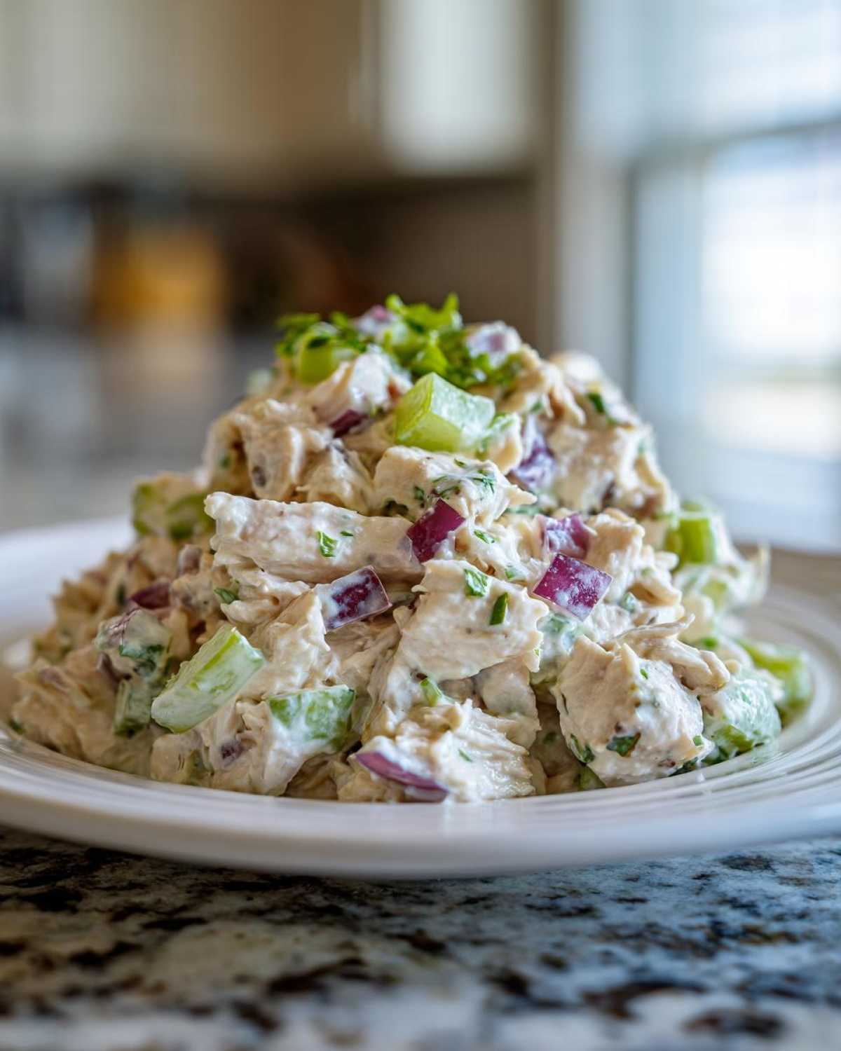 A mound of Classic Chicken Salad for Sandwiches featuring shredded chicken, red onion, and celery on a white plate.