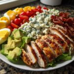 A beautifully arranged Classic Cobb Salad with Grilled Chicken, featuring sliced chicken, avocado, blue cheese, bacon, eggs, and tomatoes.