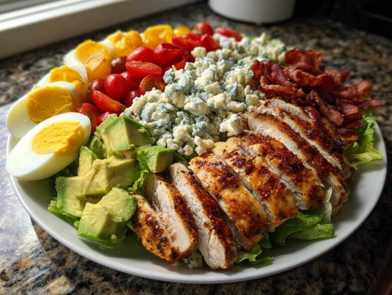 A beautifully arranged Classic Cobb Salad with Grilled Chicken, featuring sliced chicken, avocado, blue cheese, bacon, eggs, and tomatoes.