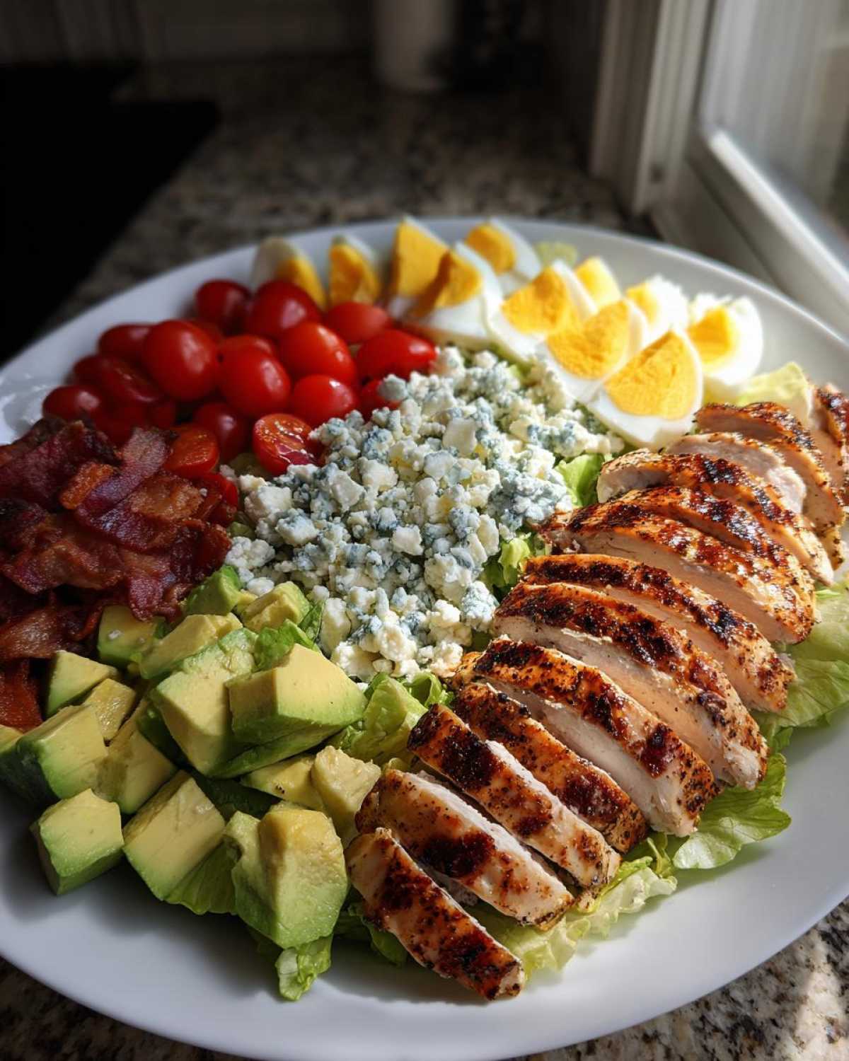 A beautifully arranged Classic Cobb Salad with Grilled Chicken, avocado, bacon, blue cheese, tomatoes, and hard-boiled eggs.