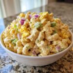 A close-up of a white bowl overflowing with creamy Classic Macaroni Salad (Potluck Style), mixed with chopped eggs and red onion.