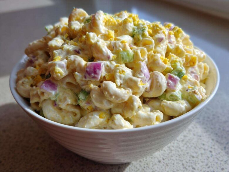 A close-up of a white bowl filled with creamy Classic Macaroni Salad (Potluck Style), featuring elbow pasta, celery, red onion, and chopped egg.