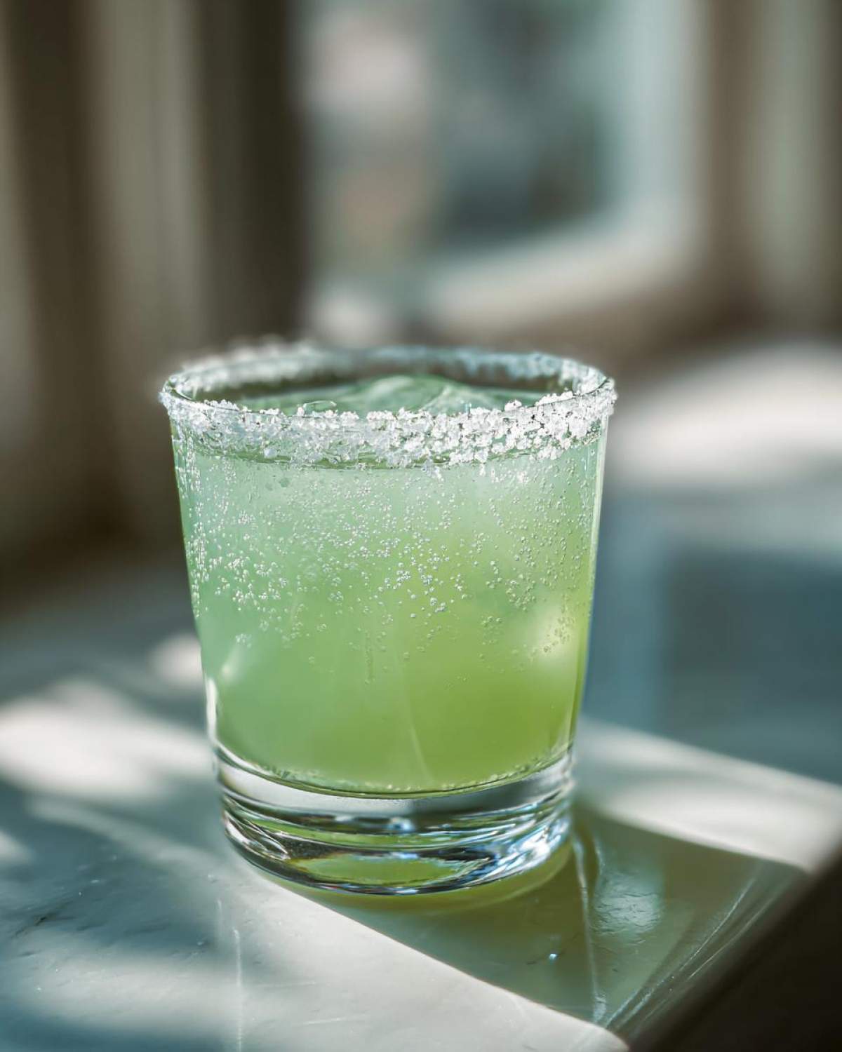 A refreshing Classic Margarita on the Rocks with Salt Rim, featuring a light green drink and ice in a short glass.