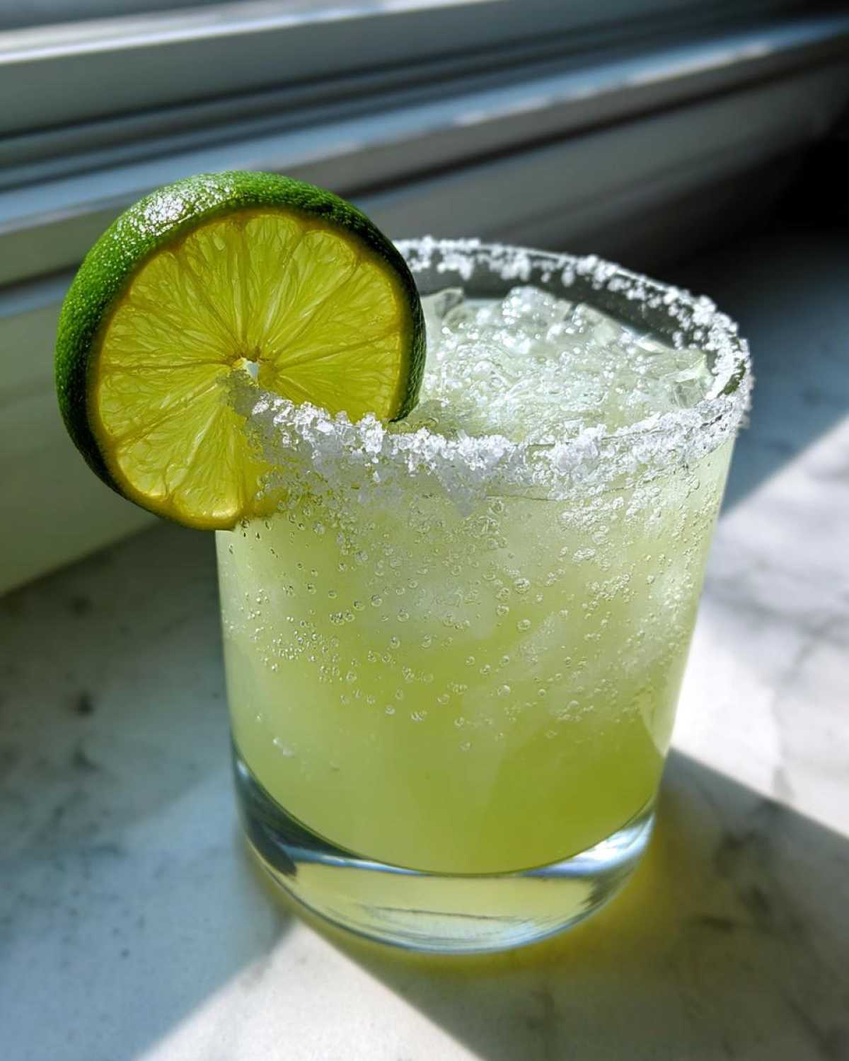 A refreshing Classic Margarita on the Rocks with a thick salt rim and a fresh lime wheel garnish.