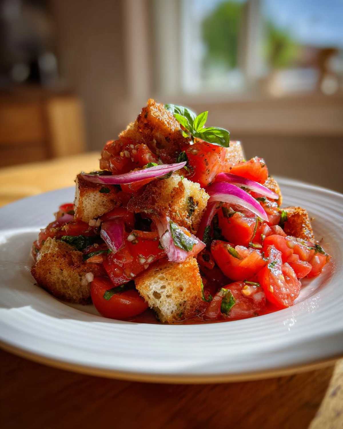 A vibrant mound of Classic Panzanella Salad featuring juicy tomatoes, toasted bread cubes, and red onion on a white plate.