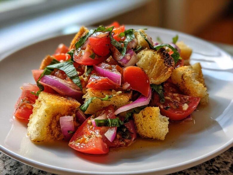 A close-up of a serving of Classic Panzanella Salad featuring tomatoes, red onion, basil, and toasted bread cubes.