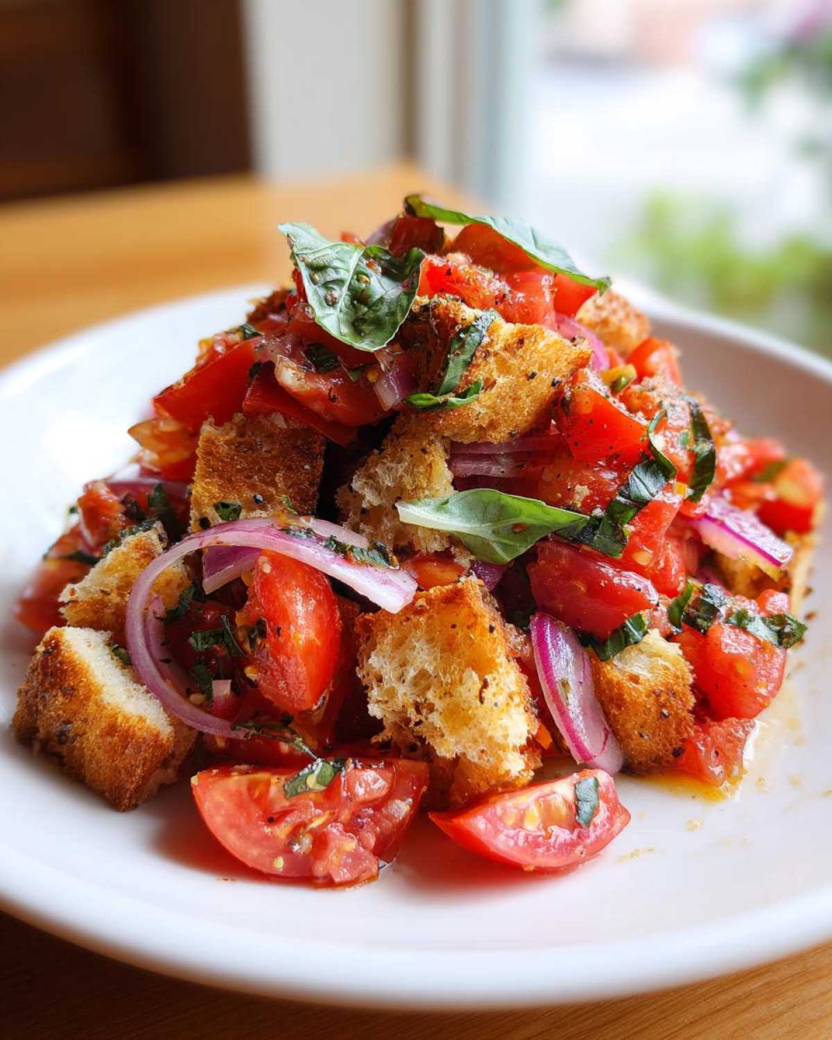A close-up of a vibrant Classic Panzanella Salad featuring soaked bread, ripe tomatoes, red onion, and fresh basil.