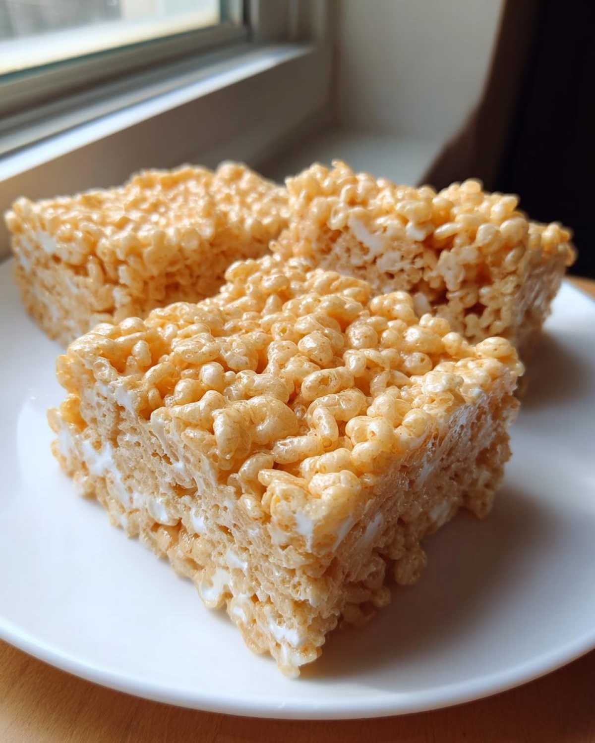 Three gooey Classic Rice Krispie Treats Squares stacked slightly on a white plate near a window.