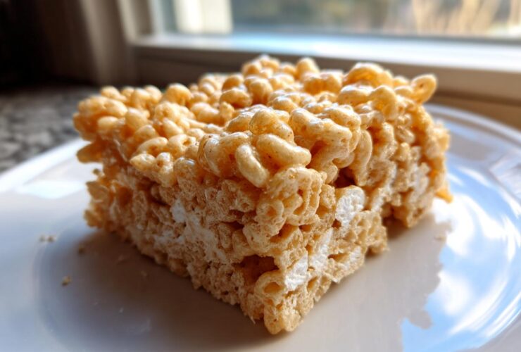 A single, perfectly cut square of Classic Rice Krispie Treats Squares resting on a white plate.