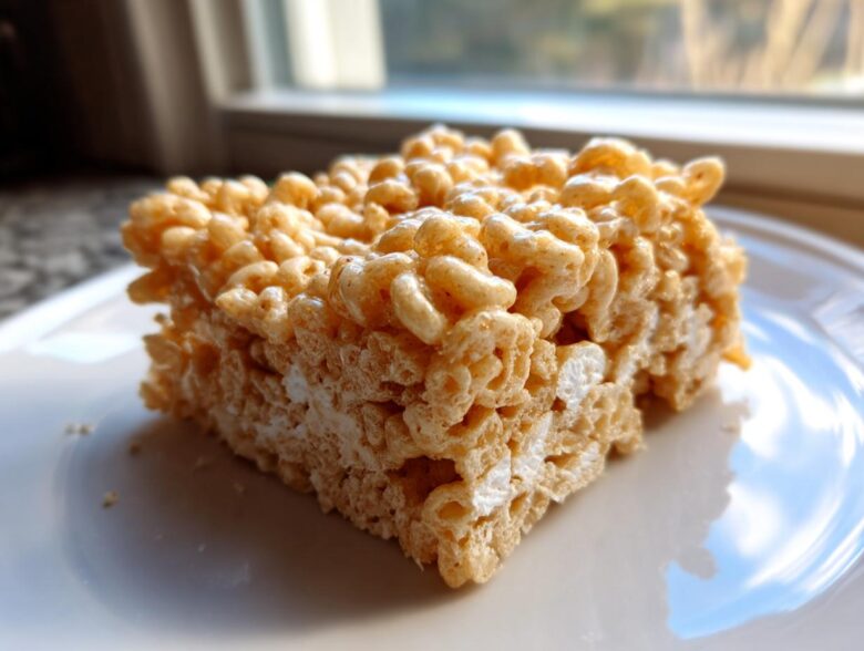 A single, perfectly cut square of Classic Rice Krispie Treats Squares resting on a white plate.