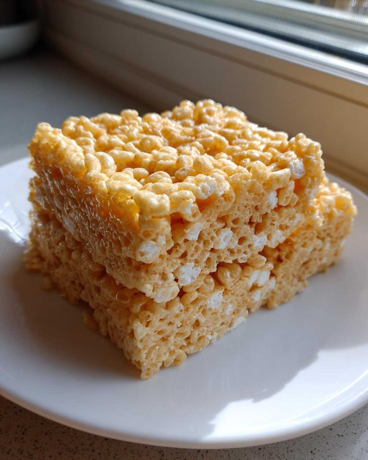 Close-up of two gooey Classic Rice Krispie Treats Squares stacked on a white plate near a window.
