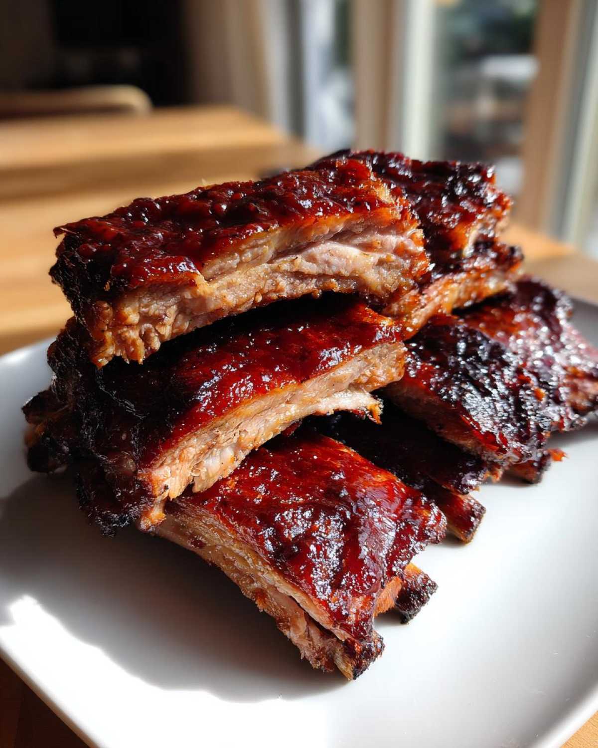 A stack of tender Classic Slow Cooker BBQ Ribs glistening with rich, dark sauce on a white plate.