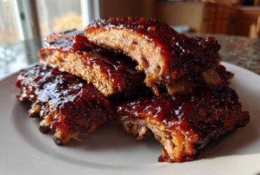A stack of tender Classic Slow Cooker BBQ Ribs glazed with thick, shiny sauce resting on a white plate.