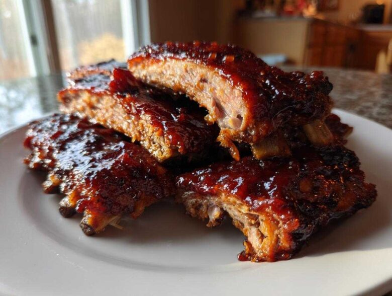 A stack of tender Classic Slow Cooker BBQ Ribs glazed with thick, shiny sauce resting on a white plate.