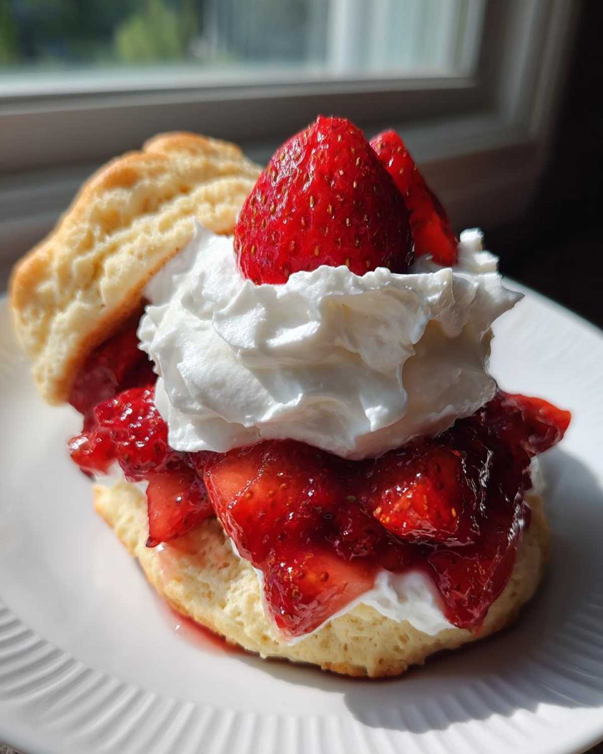 A close-up of Classic Strawberry Shortcake with Whipped Cream, featuring a biscuit split open with macerated strawberries and a dollop of cream.