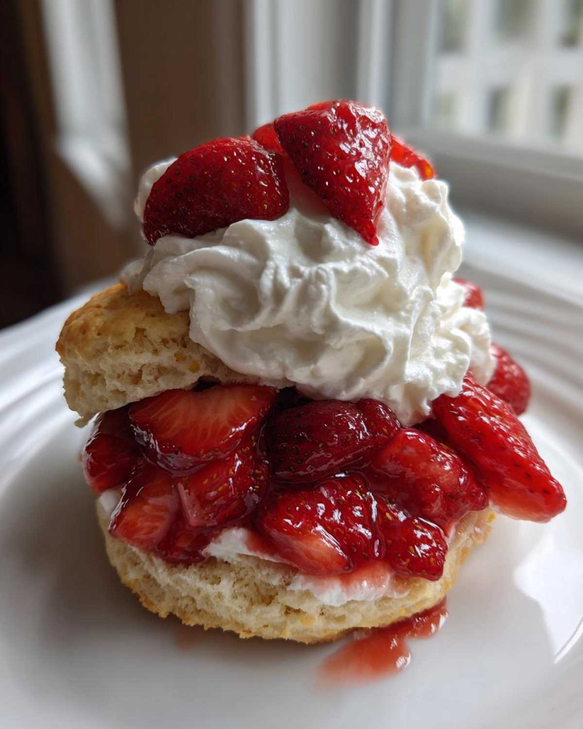 A close-up of a single serving of Classic Strawberry Shortcake with Whipped Cream, featuring a biscuit base, macerated strawberries, and a generous topping.