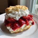 A delicious serving of Classic Strawberry Shortcake with Whipped Cream, featuring a biscuit split open with macerated strawberries and cream.