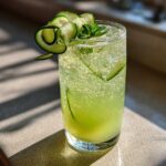 A tall glass filled with a bubbly, light green Cool Cucumber Mint Spritzer, garnished with mint and a cucumber ribbon.