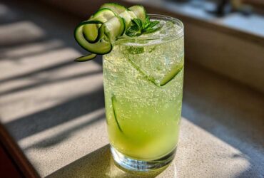 A tall glass filled with a bubbly, light green Cool Cucumber Mint Spritzer, garnished with mint and a cucumber ribbon.