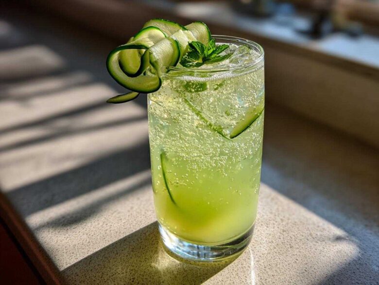 A tall glass filled with a bubbly, light green Cool Cucumber Mint Spritzer, garnished with mint and a cucumber ribbon.
