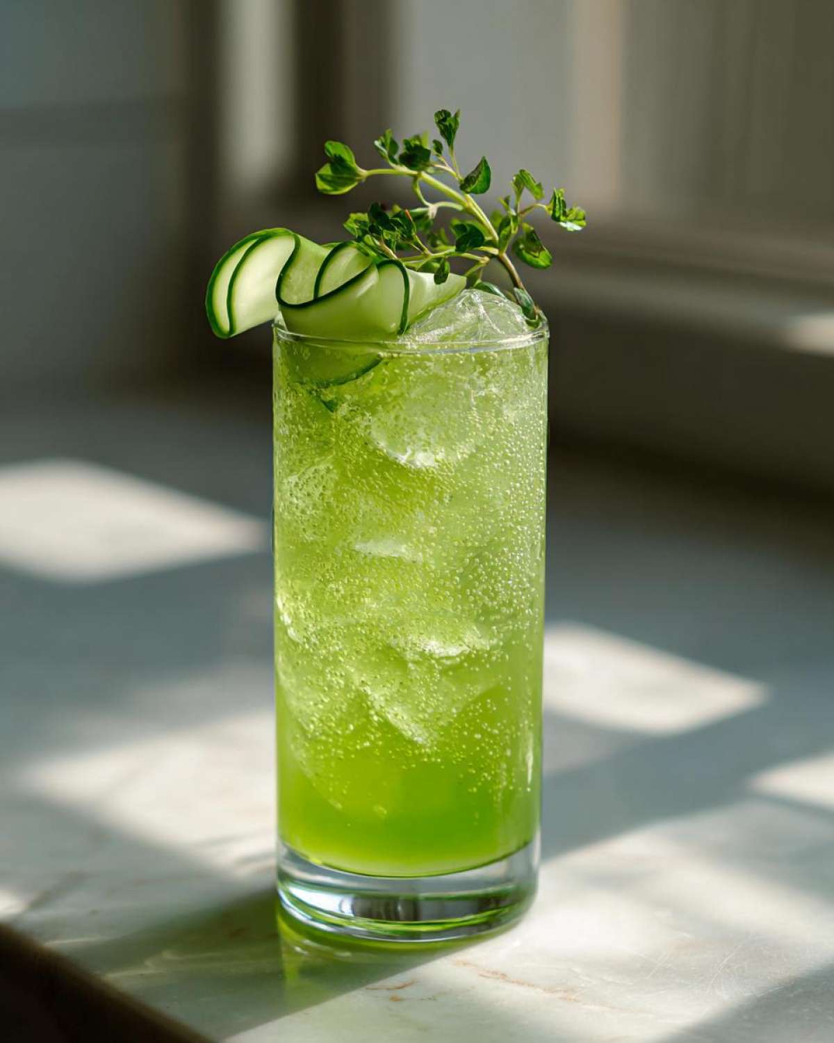 A tall glass filled with a vibrant green, bubbly Cool Cucumber Mint Spritzer, garnished with cucumber ribbons and fresh mint sprigs.