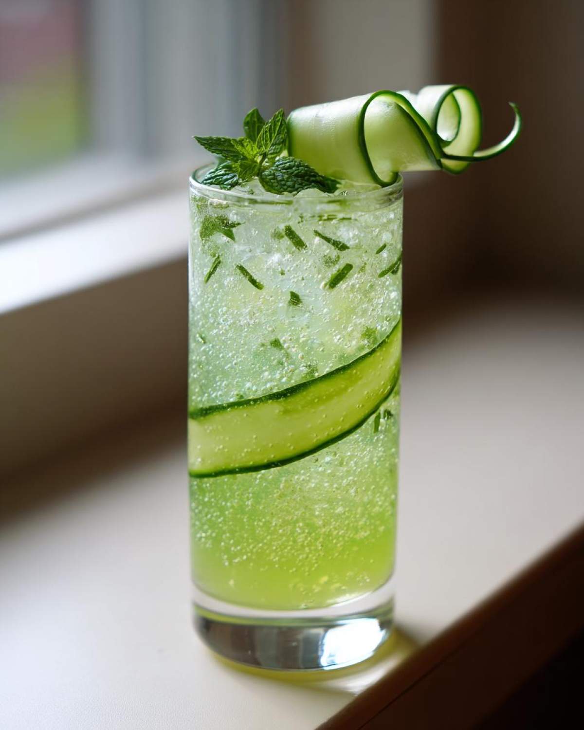 A tall glass filled with a bubbly, bright green Cool Cucumber Mint Spritzer, garnished with mint and a curled cucumber ribbon.