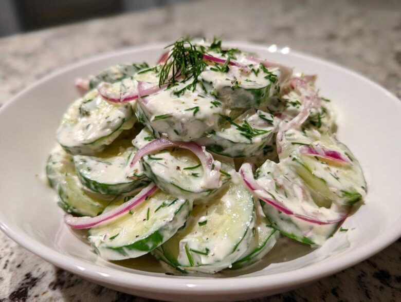 A close-up of sliced cucumbers coated in a creamy dressing with fresh dill and red onion, showcasing the Creamy Dill Cucumber Salad.