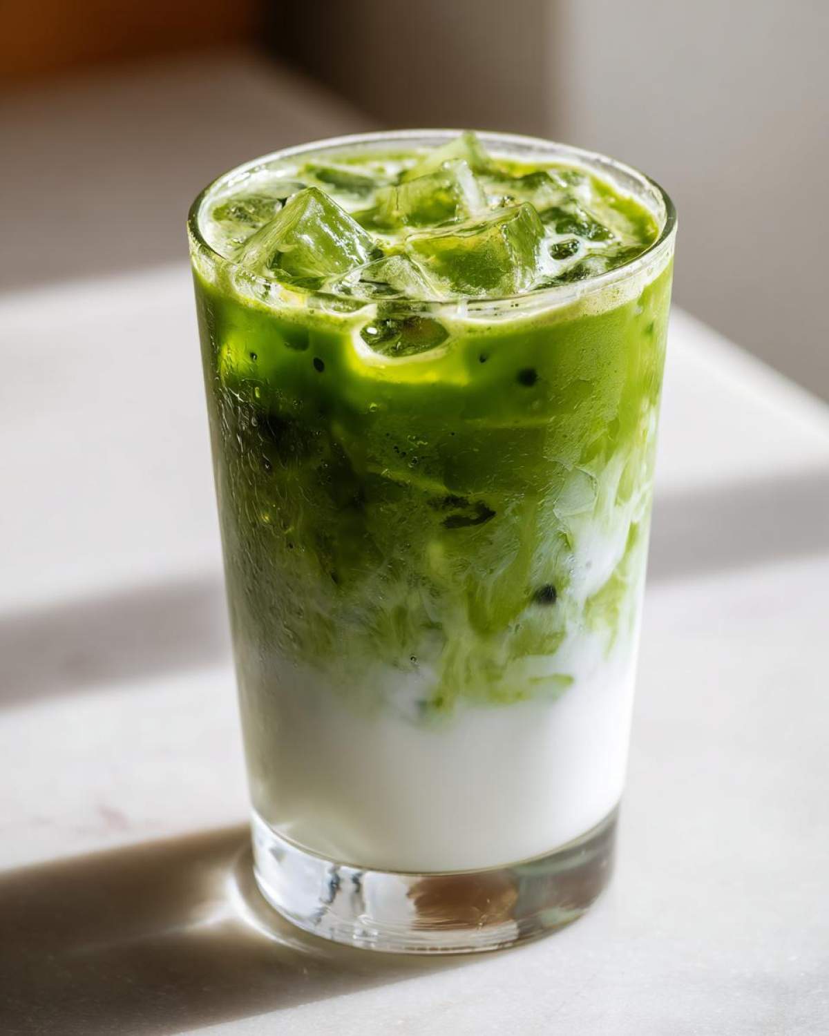 Close-up of a tall glass filled with a layered Creamy Iced Matcha Latte with ice cubes.