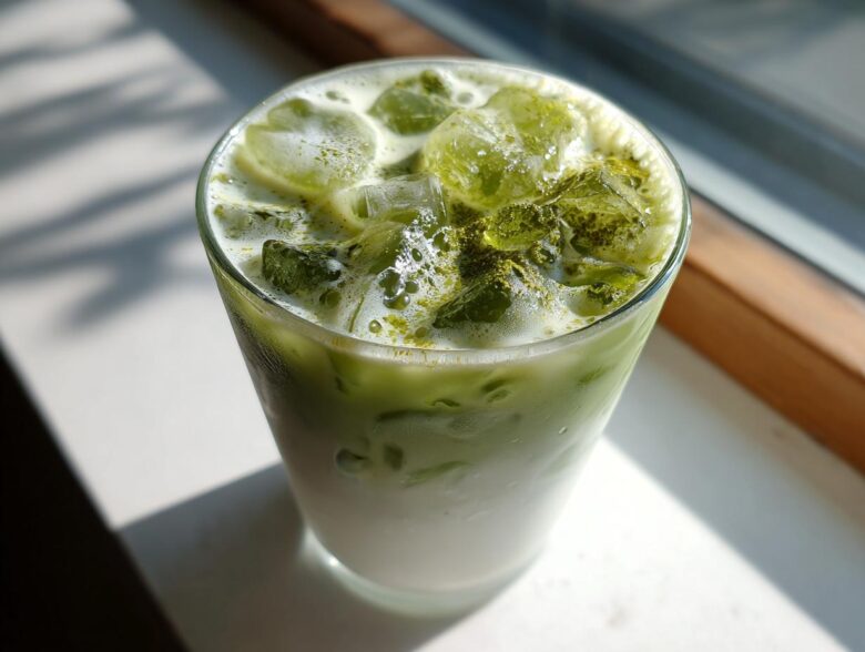 Close-up of a tall glass filled with a layered Creamy Iced Matcha Latte, topped with ice cubes and matcha powder.