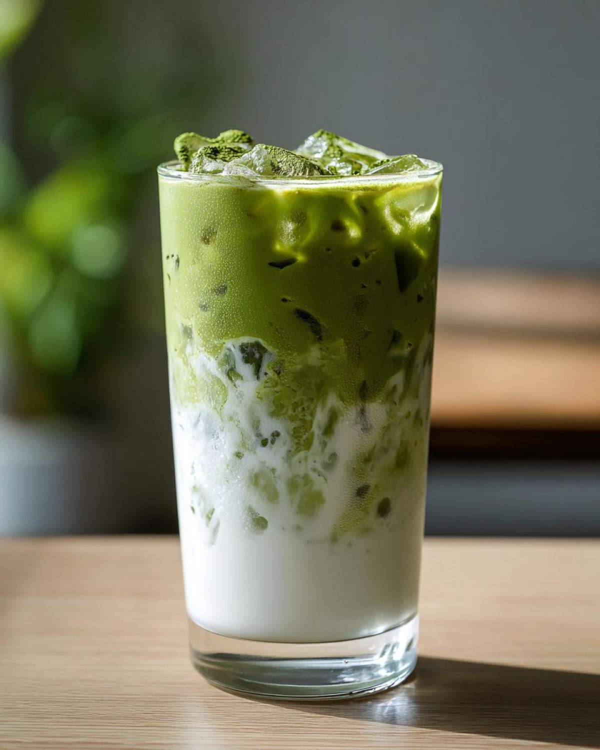 A tall glass showcasing a layered Creamy Iced Matcha Latte with milk at the bottom and vibrant green matcha on top of ice cubes.